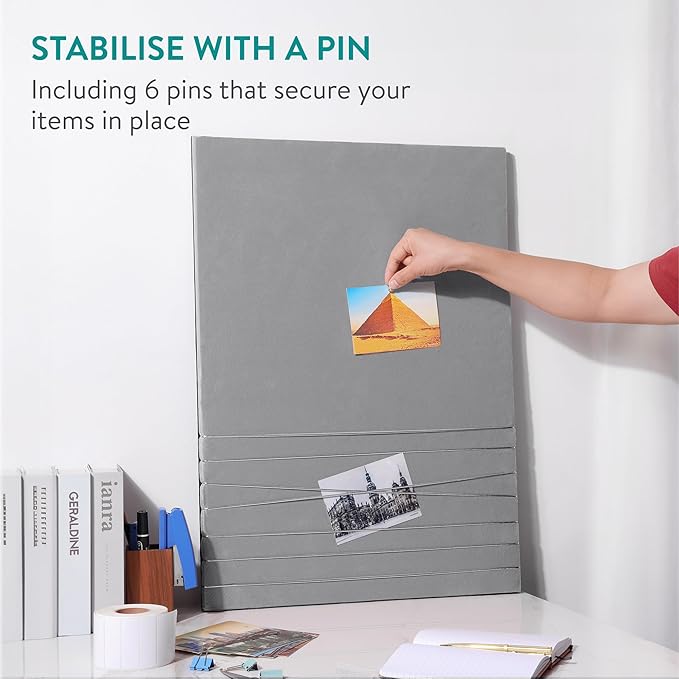 Navaris Fabric Memo Bulletin Board - 20" x 28" Velvet Memory Board for Wall to Display Photo Collages, Pictures, Notes - Includes 6 Push Pins - Gray