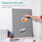Navaris Fabric Memo Bulletin Board - 20" x 28" Velvet Memory Board for Wall to Display Photo Collages, Pictures, Notes - Includes 6 Push Pins - Gray