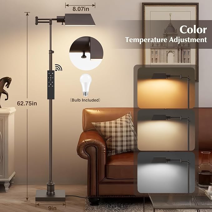 GyroVu Traditional Height Adjustable Pharmacy Floor Lamp with 350° Swing Arm, Color Temperature Adjustable Standing Lamp Metal Shade for Living Room Reading House Bedroom Home Office(Bronze)