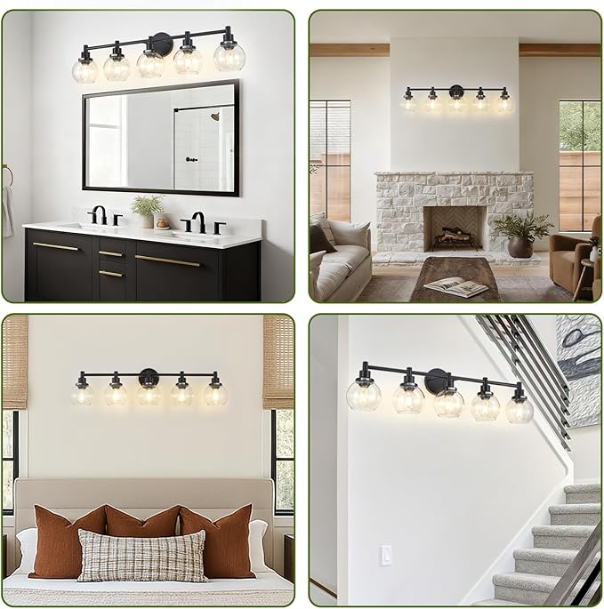 5-Light Bathroom Light Fixture Black Vanity Lights Over Mirror Modern Wall Sconce Farmhouse Vintage Bathroom Vanity Lighting with Glass Shade for Bedroom Hallway Cabinet Bathroom