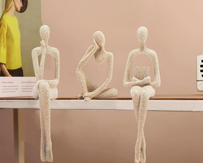Gold Home Decor Thinker Statue Accents, Set of 3 Thinker Sculptures Office Decor Modern Abstract Resin Decoration on Shelf Table Desk for Living Room Office Bedroom (Large Sandstone)