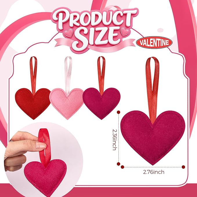 Syhood 12 Pcs Valentine's Day Felt Heart Ornaments Hanging Tree Decor for Wedding, Anniversary, Christmas Party Supplies, Winter Home Decorations(Pink. Red and Rose Red,Solid Color Style)