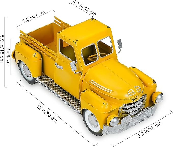 Farmhouse Yellow Truck Metal Decor,Vintage Outdoor Iron Truck Decor, Rustic Pick-up Planter,Antique Car Decoration,Desktop Wine Rack Stand,Decorative Tabletop Storage