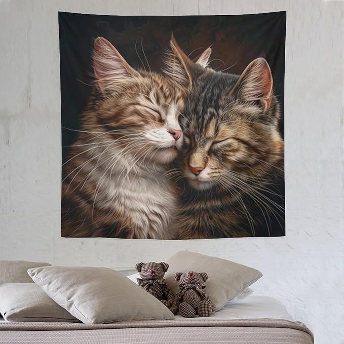 VUMIVI Cat Tapestry Adorable Animals Two Kittens Snuggling Together Vintage Print Realistic Design Tapestry Wall Hanging for Living Room Bedroom Dorm Classroom Aesthetic Decor W60xL60in