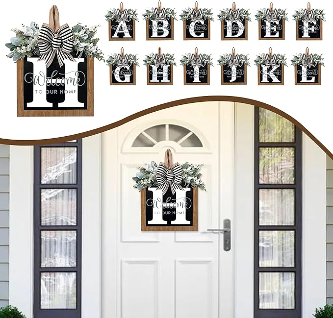 Ultra Large 14'' Last Name All Year Round Front Door Wreath with 26 Initial Letter Welcome Sign All Seasons Eucalyptus Garland and Bow Wreaths for Front Door Porch Farmhouse Decoration (H)