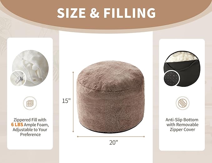 Round Pouf Ottoman for Living Room 20"x15" Bean Bag Ottoman Soft Top Comfortable Small Foot Stool Foot Rest Pouf Brown Tall Footstool Ottomans Round Hassock Boho Furniture Floor Poufs for Sitting
