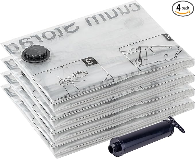 SUOCO 4 Jumbo XXL Vacuum Storage Bags, Space Saver Bags with Travel Hand Pump, Compression Airtight Sealer Bags for Clothes, Pillows, Comforters, Blankets