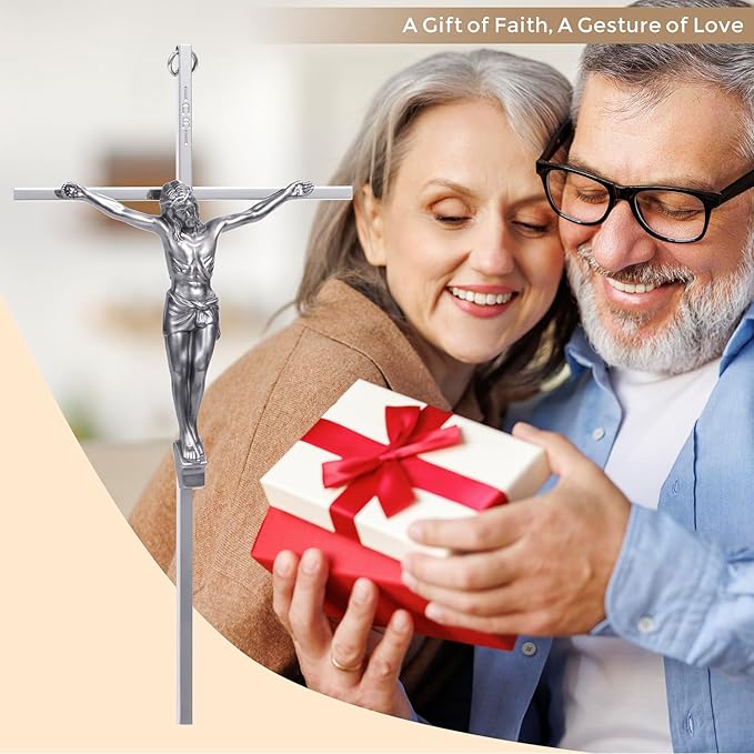 ACHIBANG 10" Silver Crucifix Wall Cross – Catholic Metal Cross with Jesus & INRI for Wall or Over-the-Door Blessing