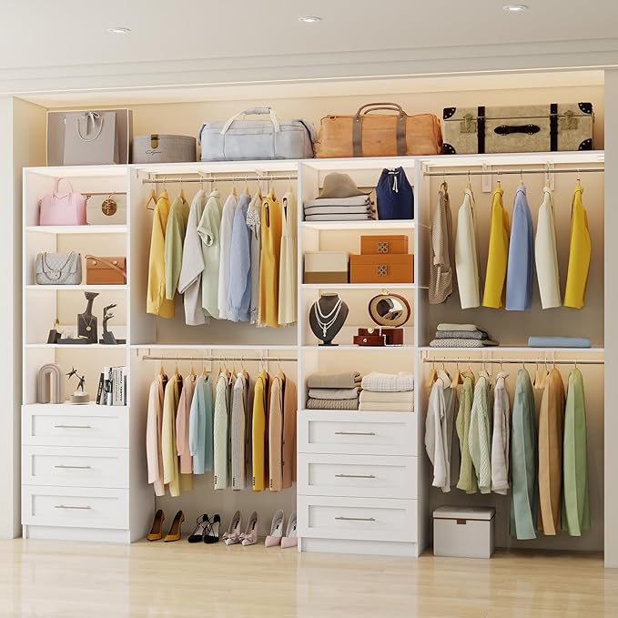 Closet System with Drawers, 8FT-12FT Closet Organizer System 96" -154.5" Walk in Wood Closet Storage System with Shelves Hanging Rods Corner Wall Mount, 2 Set