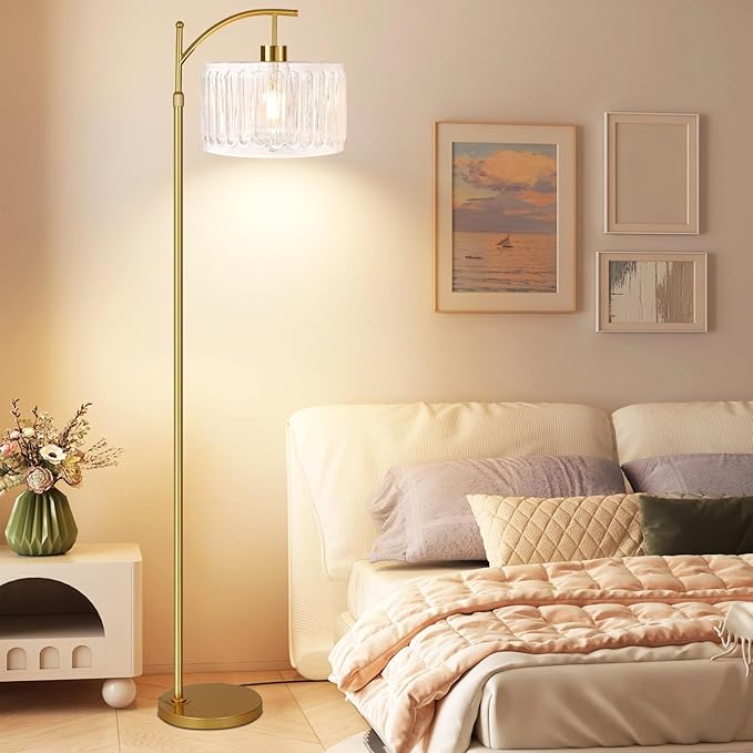 Glass Floor Lamp for Living Room,Bedroom,Gold Dimmable Standing Lamp with Remote,Brass White Tall Lamp Boho Mid Century Modern Floor Lamps Arc Floor Light Lamp Girls Kids Bohemian