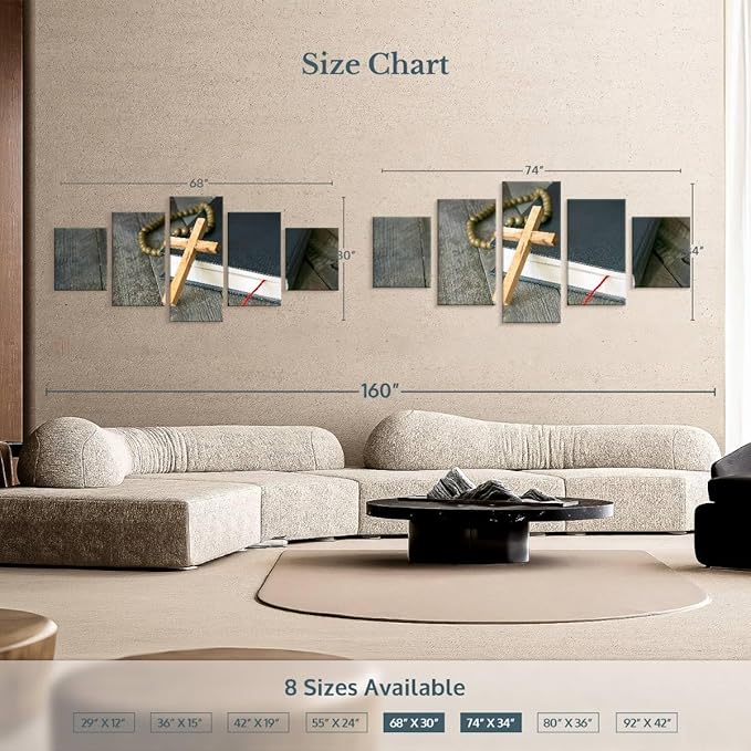 Elephant Stock Cross Canvas - 5 Panel Christian Pictures Decor - Canvas Print Wall Decor - Christian Cross Wall Art - 68" X 30"