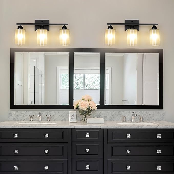 Matte Black Bathroom Vanity Light Over Mirror, 3 Light Bathroom Light Fixtures with Milk Glass and Clear Glass Shades, Modern Vanity Lighting Wall Mount