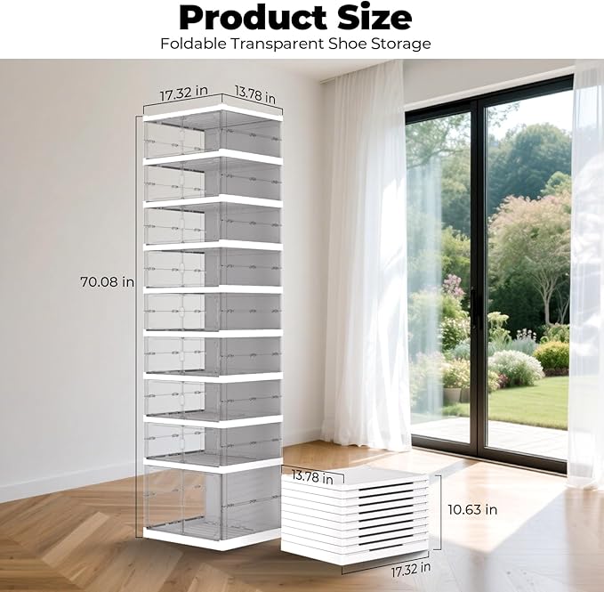 FAHKNS Foldable Shoe Rack,Portable Shoe Organizer Storage Cabinet with Magnetic Clear Door,No Assembly for Entryway Living Room and Bedroom 9 Tiers 16 Pairs