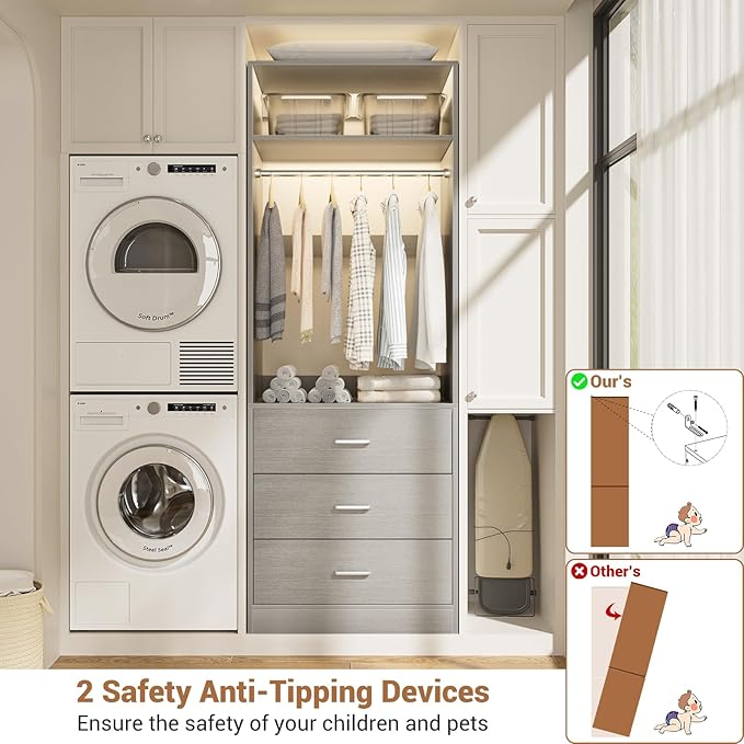Freestanding 2FT Closet System with 3 Wood Drawers, 24" Closet Organizer System with Hanging Rod & Shelves, Walk-in Closet Systems for Small Closets, Grey (24"L x 15" W x 80" H)
