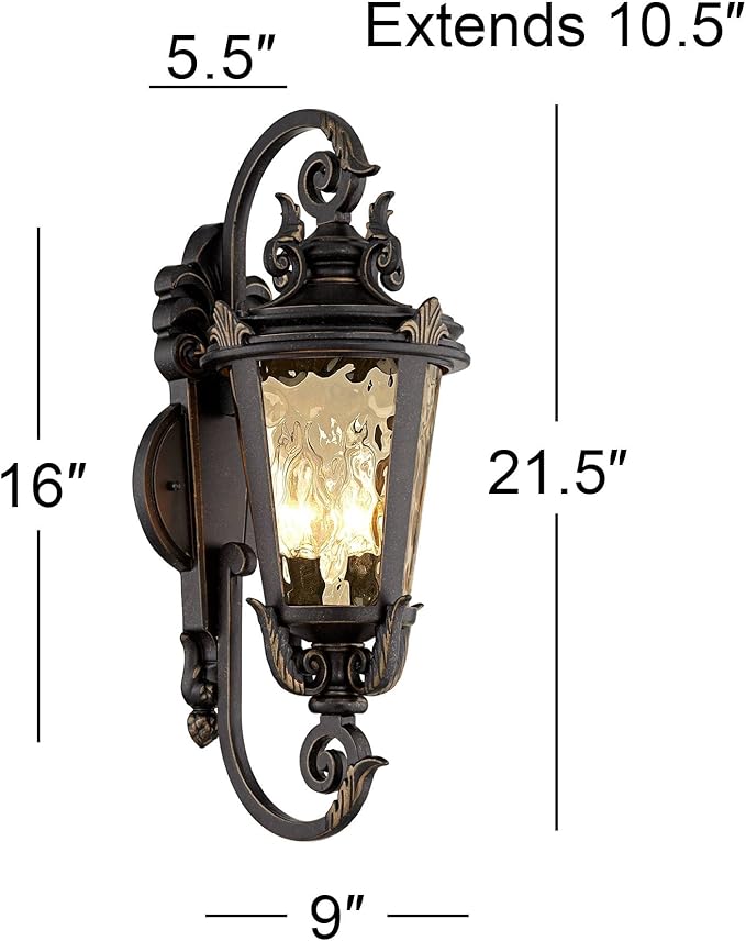 John Timberland Marseille Rustic Industrial Outdoor Wall Light Fixture Veranda Bronze Scroll 21 1/2" Champagne Hammered Glass for Exterior House Porch Patio Outside Deck Garage Front Door Home