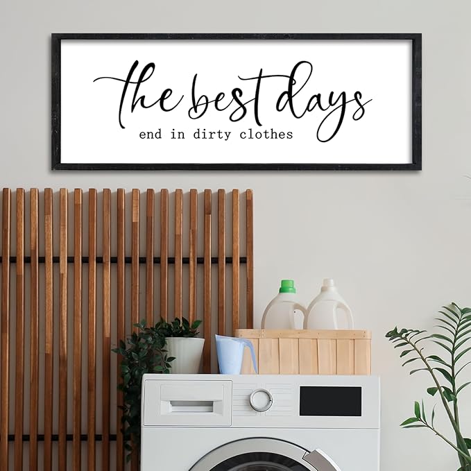 Surfapans Laundry Room Wall Decor The Best Days End In Dirtiest Clothes Sign 32"×12" Funny Rustic Farmhouse above the Bathtub Large Modern Wood Framed Plaque Wall Art Hanging (Black)