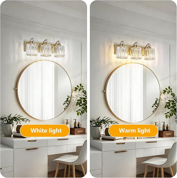 3-Lights Brushed Brass Bathroom Light Fixture Gold Vanity Lights Modern Crystal Bathroom Vanity Lighting Over Mirror Wall Sconce with K9 Crystal Shade E26 Base for Living Room, Bedroom Wall Lamp