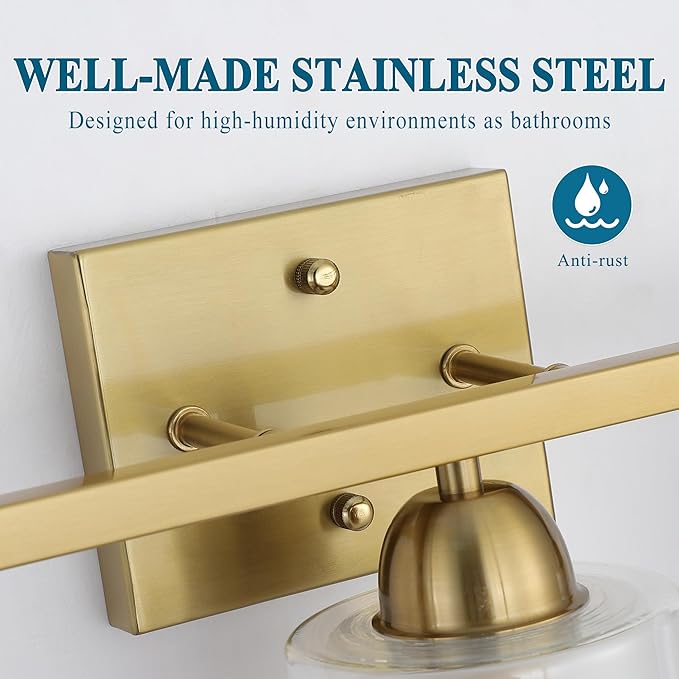 Stainless Steel Bathroom Vanity Light Over Mirror, 3 Light Brushed Gold Bathroom Light Fixtures with Milk Glass and Clear Glass Shades, Modern Vanity Lighting Wall Mount