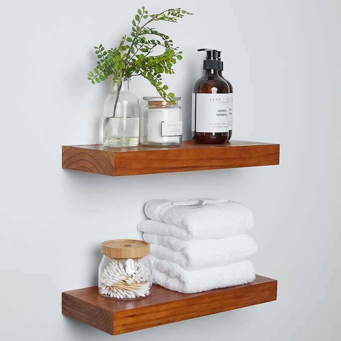 Homeforia 16 inch Oak Floating Shelf, High End Solid Real Wood 16inch Small Floating Shelves for Wall Mounted, Honey Oak Wooden 16in Floating Shelves, Heavy Duty Bracket, 16 X 6.5 X 1.75 in, Set of 2