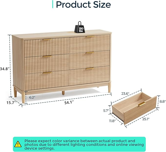 LINSY HOME Fluted Dresser for Bedroom with 6 Drawers, 54" Wide Mid Century Modern Dressers, Tall Boho Chest of Drawers, Large Wood Accent Storage Cabinet for Living Room, Curved Profile Design, Oak