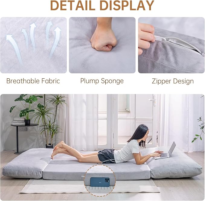 Bean Bag Chairs for Adults,Folding Sofa Bed,Floor Couch Bed, Foam Filling Fold Floor Mattress with Washable Soft Faux Fur Cover, Leisure Floor Couch for Bedroom Living Room(Grey, Double)