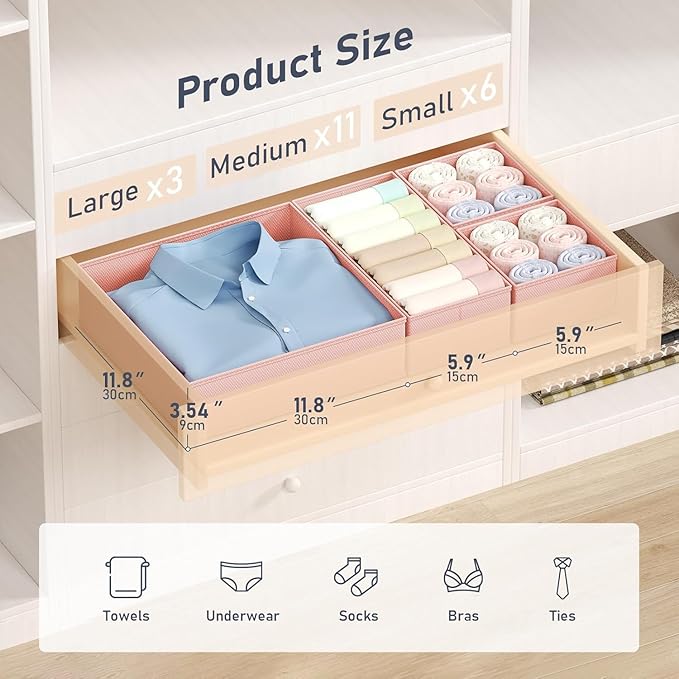 DIMJ Drawer Organizer Clothes, 20 Pack Dresser Organizer, Foldable Closet Organizers and Storage, Fabric Dresser Bins, Drawer Dividers for Nursery, Baby Clothes, Underwears, Sock (Pink)