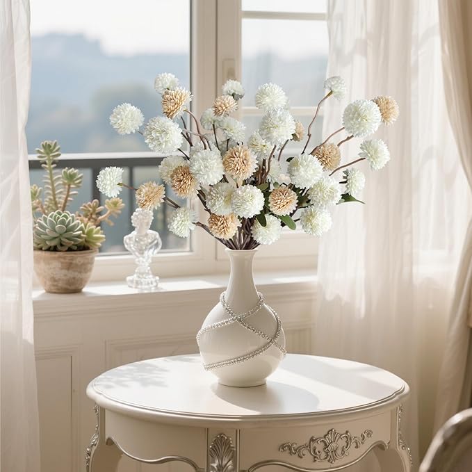 10 Pcs Fake Flowers, Artificial Mums With Long Stems, Faux Pompon Mums Floral Arrangement, 2 Mixed Colors Plastic Flowers Silk Dried Flowers Home Decor, Fall Decorations For Home Vase(No Vase)