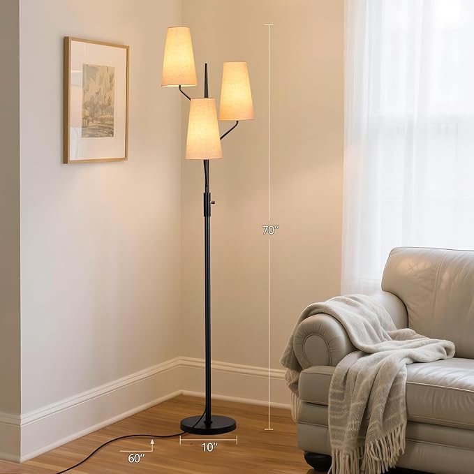 Farmhouse Floor Lamp for Living Room, 70" Tall 3-Light Tree Standing Lamp with Black Pole, Industrial Rustic Floor Lamps for Bedroom, Office and Reading Corner (Bulb Not Included)