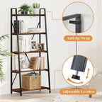 BON AUGURE Ladder Shelf Bookcase, 5-Tier Industrial Ladder Bookshelf, Tall Living Room Shelves, Wood and Metal Leaning Shelf for Home Office, Kitchen, Bedroom, Balcony (Rustic Oak)