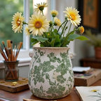 Vintage Ceramic Vase with Green Floral Pattern, White and Green, Crackle Glazed Finish, Decorative Garden Design (Large - Belly Jar with Drainage Hole)