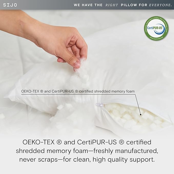 Sijo FlexCool Shredded Memory Foam Pillow - Adjustable Loft Pillow w/Cooling Surface - Good Housekeeping 2025 Bedding Award Winner - CertiPUR-US - Medium Firm for Back, Side, Stomach Sleeper (Queen)