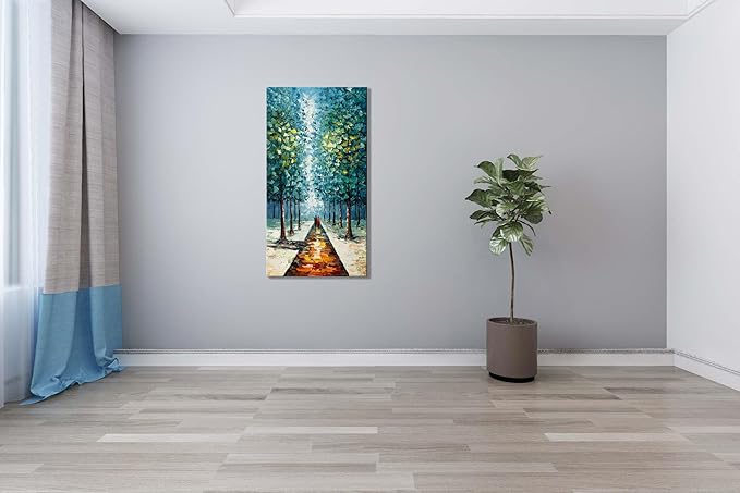Alenoss Hand Painted 3D Abstract Oil Paintings on Canvas 24x48 Inches Large Modern Forest Landscape Vertical Blue Canvas Wall Art Framed Artwork for Living room Bedroom Tree Art Decor