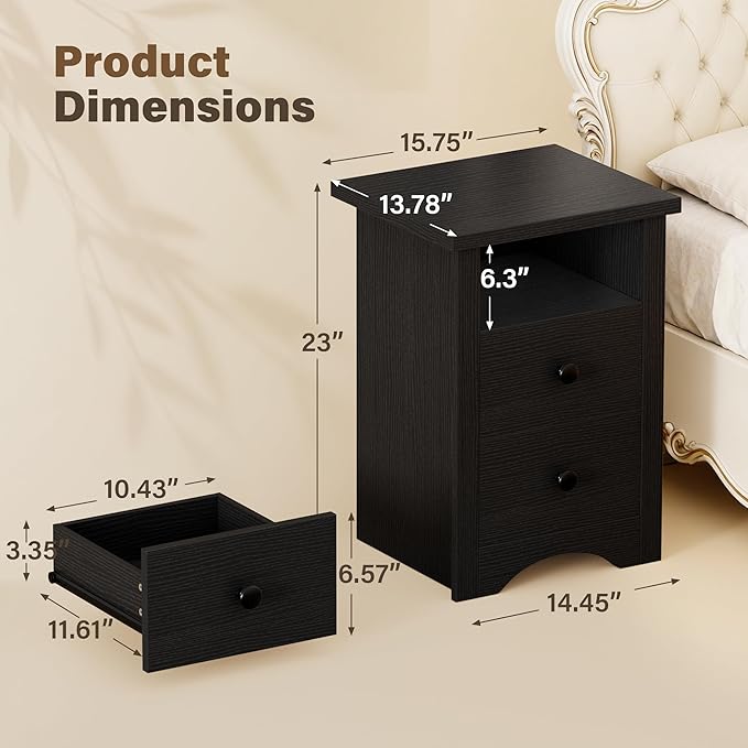 JUMMICO Farmhouse Nightstands, End Table with 2 Storage Drawers and Open Shelf, Rustic Bedside Table for Bedroom, Living Room(2, Black)