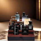 Cologne Organizer for Men - 4 Tier Walnut Black Wooden Cologne Display Stand with Drawer and Hidden Compartment, Mens Cologne Holder Shelf for Organizing and Storing, Walnut Black