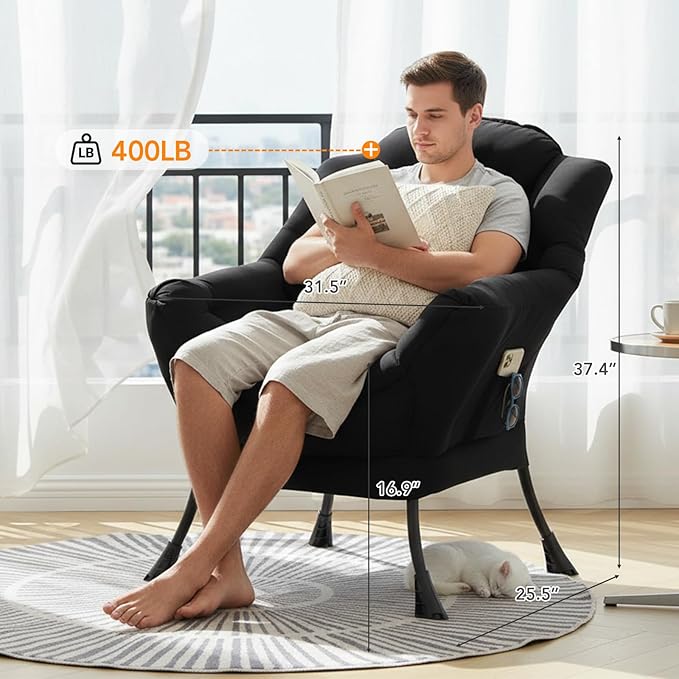 Lazy Chair for Living Room, Large Black Lounge Accent Chair with a Throw Pillow, Leisure Sofa Chair Set, Comfy Reading Chair for Bedroom, Dorm Room, Office