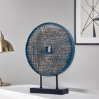 Unique Round Coin Sculpture Decorative Objects for Shelf Home Decor Accents, Modern Abstract Tabletop Decor Items for Living Room Fireplace Mantel, Above Cabinet (Blue)