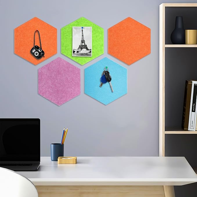 8 Packs Hexagon Felt Pin Board, 12" Bulletin Board with 30 Push Pins, Felt Board for Home Kitchen Office Decor, Self-Adhesive Corkboard Tiles for Walls School Message Photos Memos-Colorful