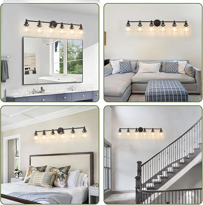 6-Light Bathroom Light Fixture Black Vanity Lights Over Mirror Modern Wall Sconce Farmhouse Vintage Bathroom Vanity Lighting with Glass Shade for Bedroom Hallway Cabinet Bathroom
