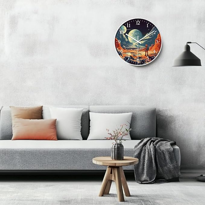8 inch Silent Battery Operated Wall Clock, Decorative Round Wall Clock, Space Themed Astronauts