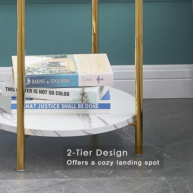 Small Round Side Table, 2-Tier Faux Marble and Gold End Table for Small Spaces,Set of 2 Modern Side Table for Couch, Living Room or Bedroom Nightstand (2 pcs Gold, Round)