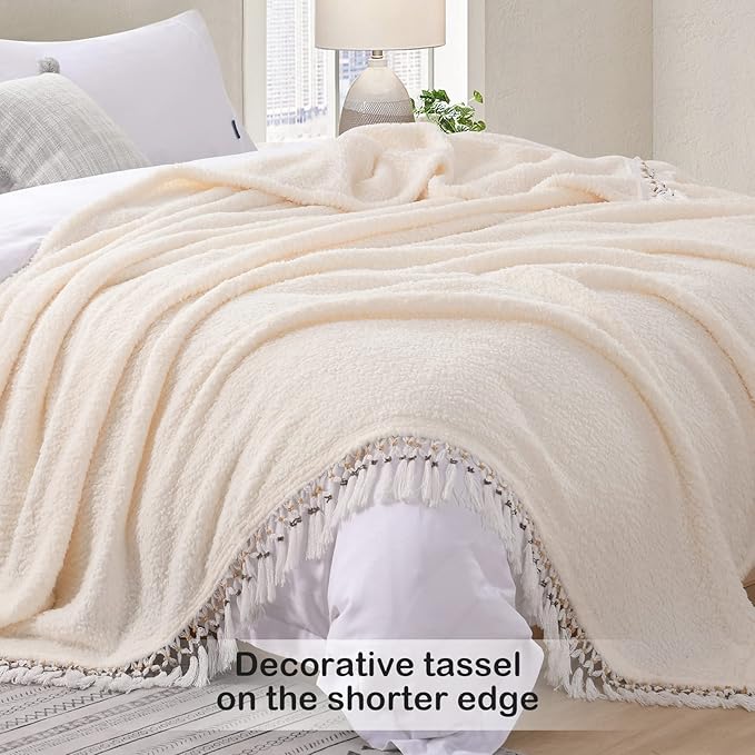 Ultra Soft Fleece Sherpa Blanket Queen Size,Lightweight Cozy Boho Bed Blanket with Decorative Tassel, Pattern Reversible, Antique White, 90”x90”