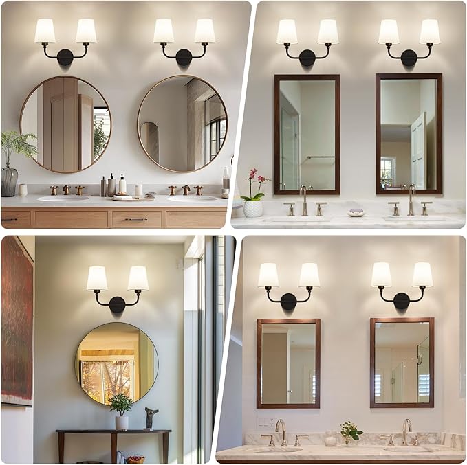 Kvhilw Bathroom Vanity Light, Matte Black Bathroom Light Fixtures, 2-Light Lighting Fixtures Over Miror, Modern Wall Sconce with Flared White Fabric Shade, E26 Socket(ETL Listed)