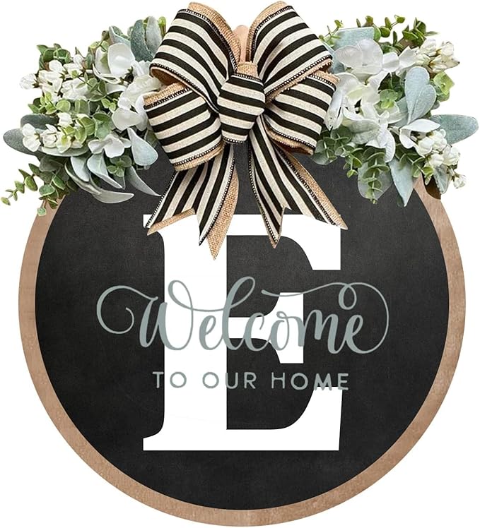 Circular Surname Front Door Welcome Sign - 26 Letter House Wreath, Front Porch Decorations, Year-Round Home Decor (E)