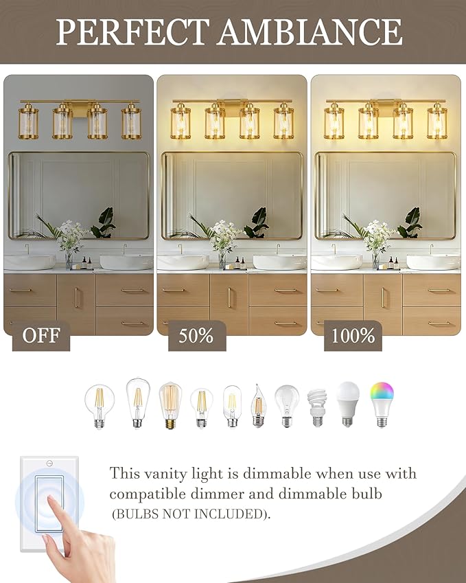 4-Light Brushed Gold Bathroom Light Fixtures, 29 Inch Modern Bathroom Vanity Lighting Fixtures Over Mirror with Clear Glass and Metal Cage Wall Sconce Lights for Bath, E26, OS-3014BG-4W