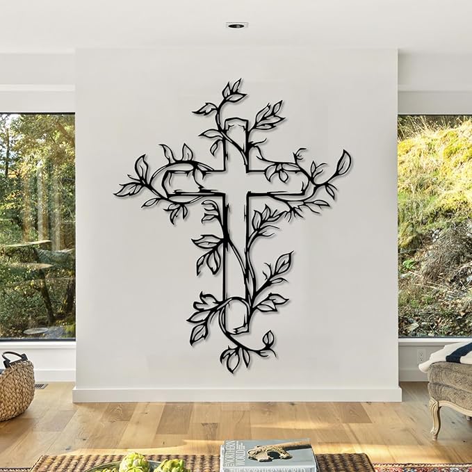 Hotuijxca Cross Metal Wall Art, Tree of Life Crosses Metal Wall Decor, Christianity Wall Art for Living Room, Bedroom(Black,24" x 19" / 60 x 48 cm)