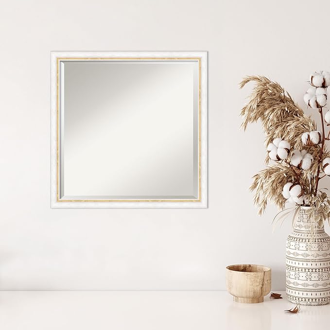 Amanti Art White Wall Mirror 22x22 Morgan White Gold Square Bathroom Mirror for Wall Decor Living Room, Medium Modern Wood Frame, Hangs Horizonally and Vertically, Bathroom Decor, Beveled Edge