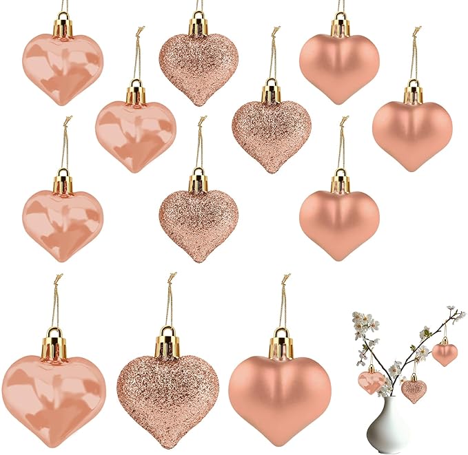 Valentines Day Heart Ornaments, 24Pcs Hanging Heart Ornaments, Glitter Champagne Heart-Shaped Baubles for Outdoor Wedding Anniversary Mother's Day Romantic Galentines Valentines Day Party Decoration