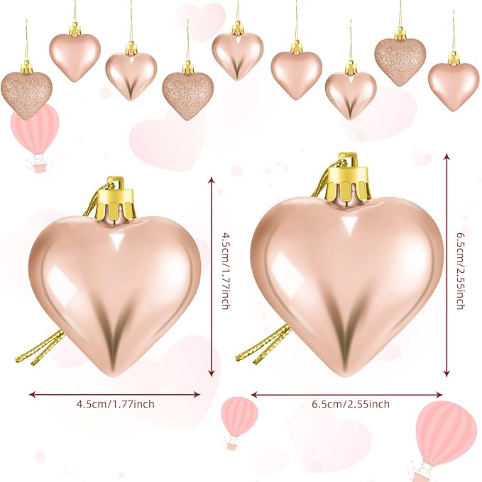 Skylety 30 Pieces Valentine's Day Heart Ornaments, Heart Shaped Decorations Tree Hanging Baubles for Valentine Wedding Anniversary, 3 Styles 2 Size (Rose Gold)