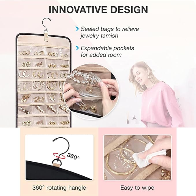 Hanging Jewelry Organizer Storage Roll with Hanger Metal Hooks Double-Sided Jewelry Holder for Earrings, Necklaces, Rings on Closet, Wall, Door, 1 piece, Extra Large, Black