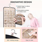Hanging Jewelry Organizer Storage Roll with Hanger Metal Hooks Double-Sided Jewelry Holder for Earrings, Necklaces, Rings on Closet, Wall, Door, 1 piece, Extra Large, Black